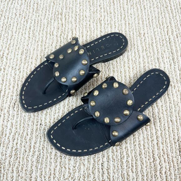 Celine Black Gold Studded Medallion Flat Leather Sandals - Picture 1 of 10